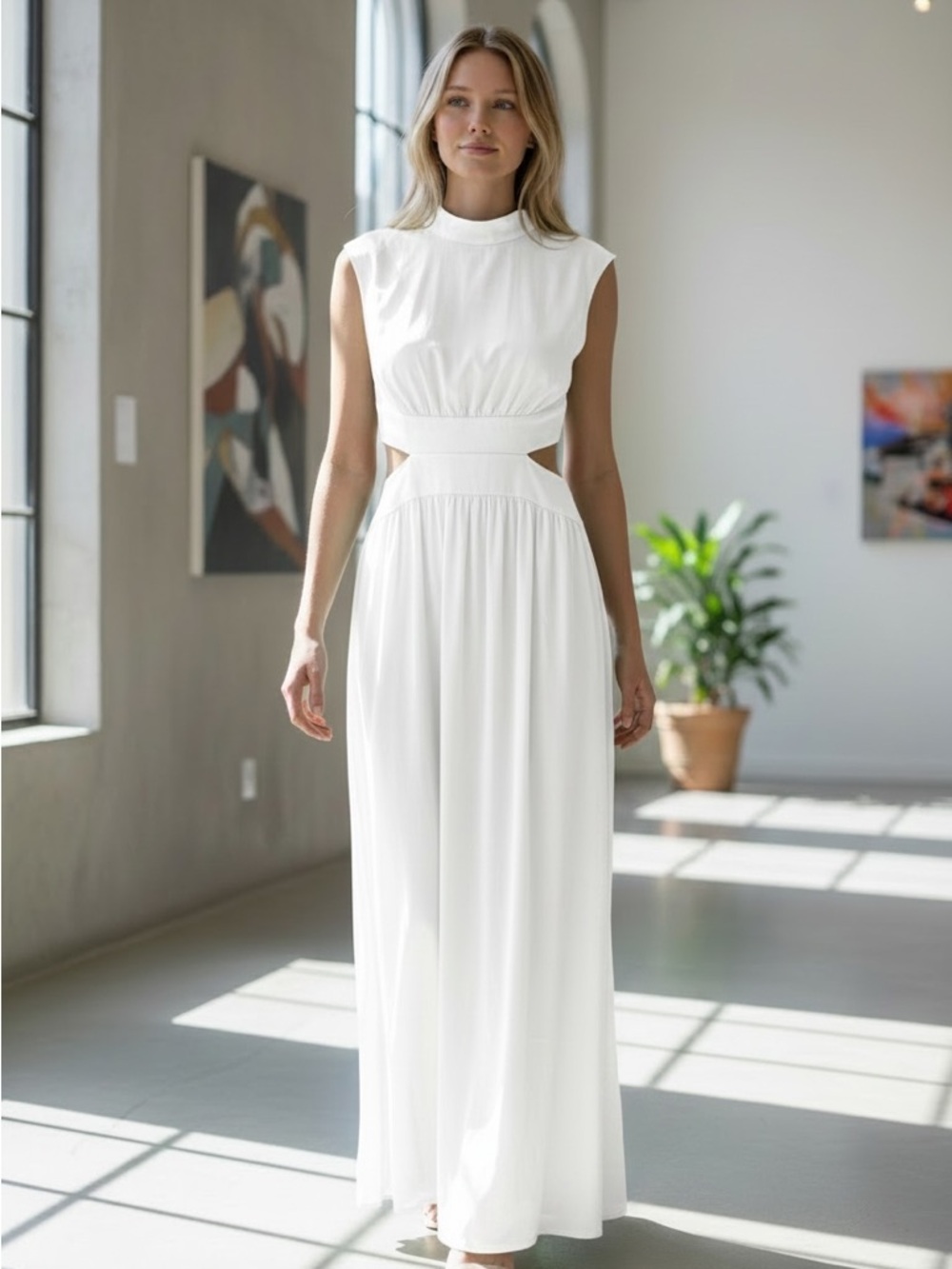 Commense Elegant White Cutout Maxi Dress